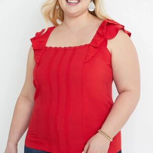 Maurices Solid Red Eyelet Trim Flutter Sleeve Top in Size XXL